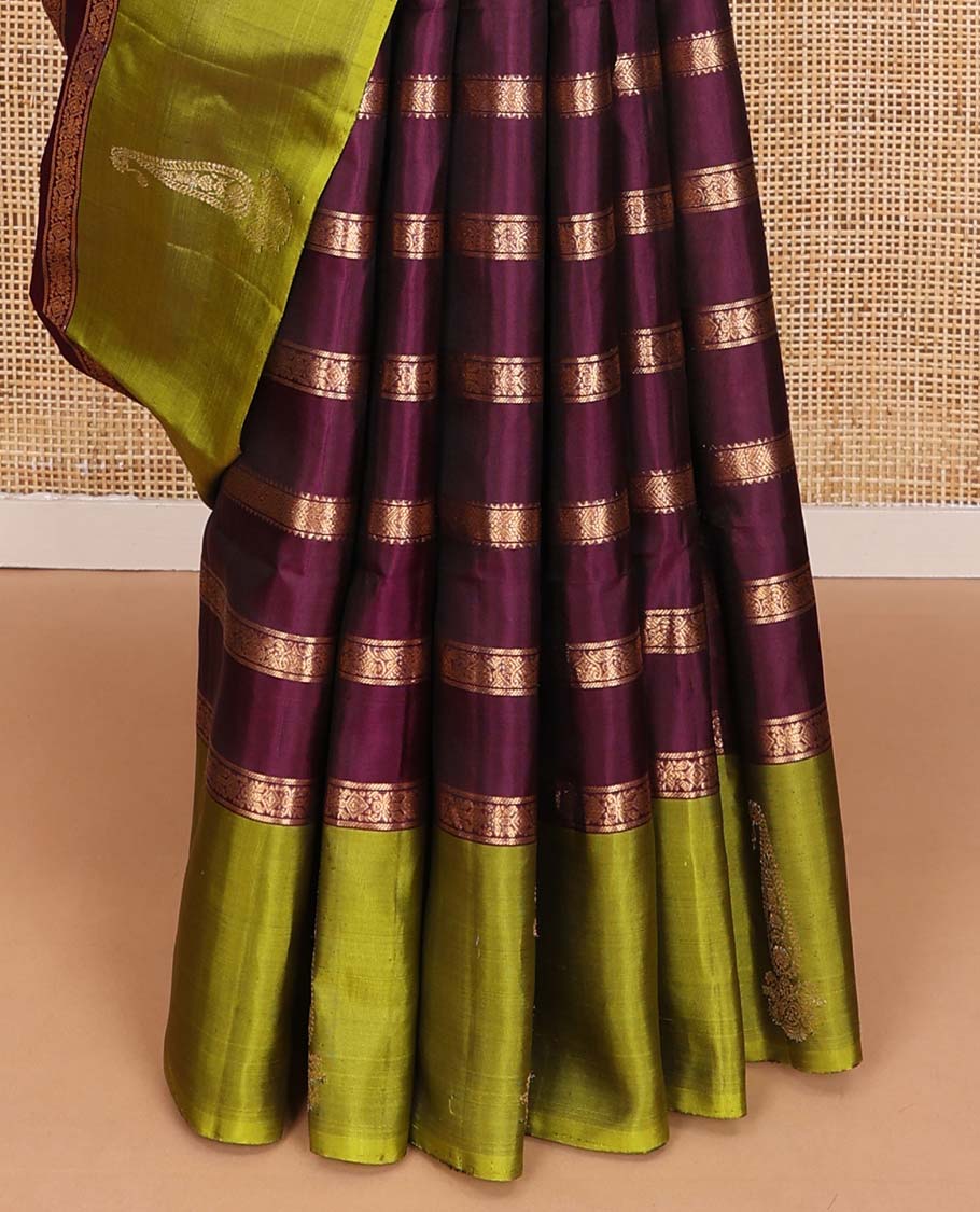 Purple zari design soft silk saree, contrast manga jhumka zari border, and zari striped pallu