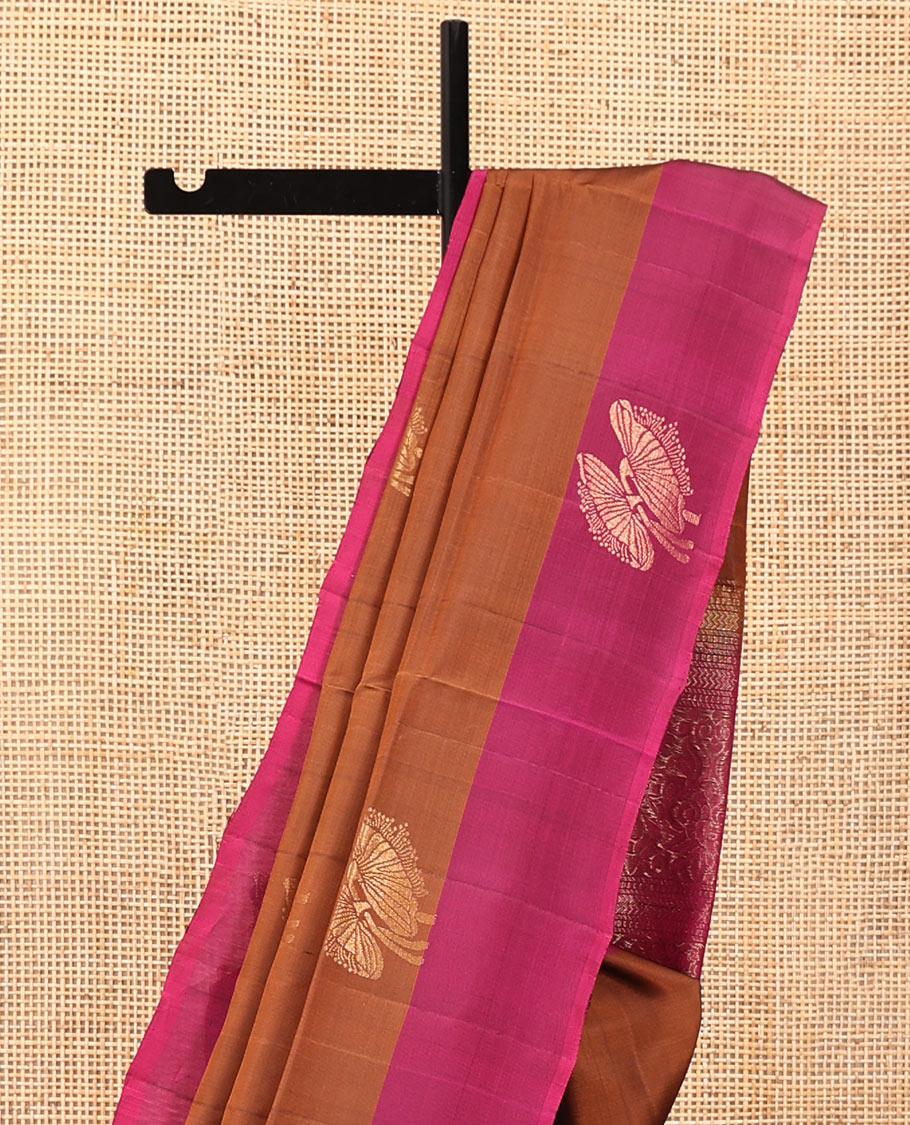 Brown Mayuri Soft Silk Saree, Detailed with Buttas All Over the Body, Complemented by a Contrast Border, Contrast Intricately Designed Pallu, and Paired with a Contrast Blouse