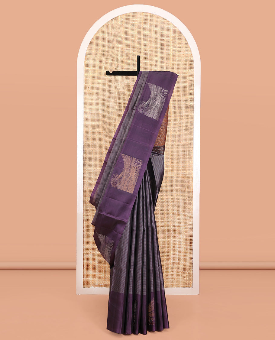 Grey Mayuri Lite Silk Mix Saree, Sparsely Sparkled with Stripes All Over Its Body, Complemented by a Contrast Border of Wave Designs, Intricately Designed Pallu, and Paired with a Contrast Blouse