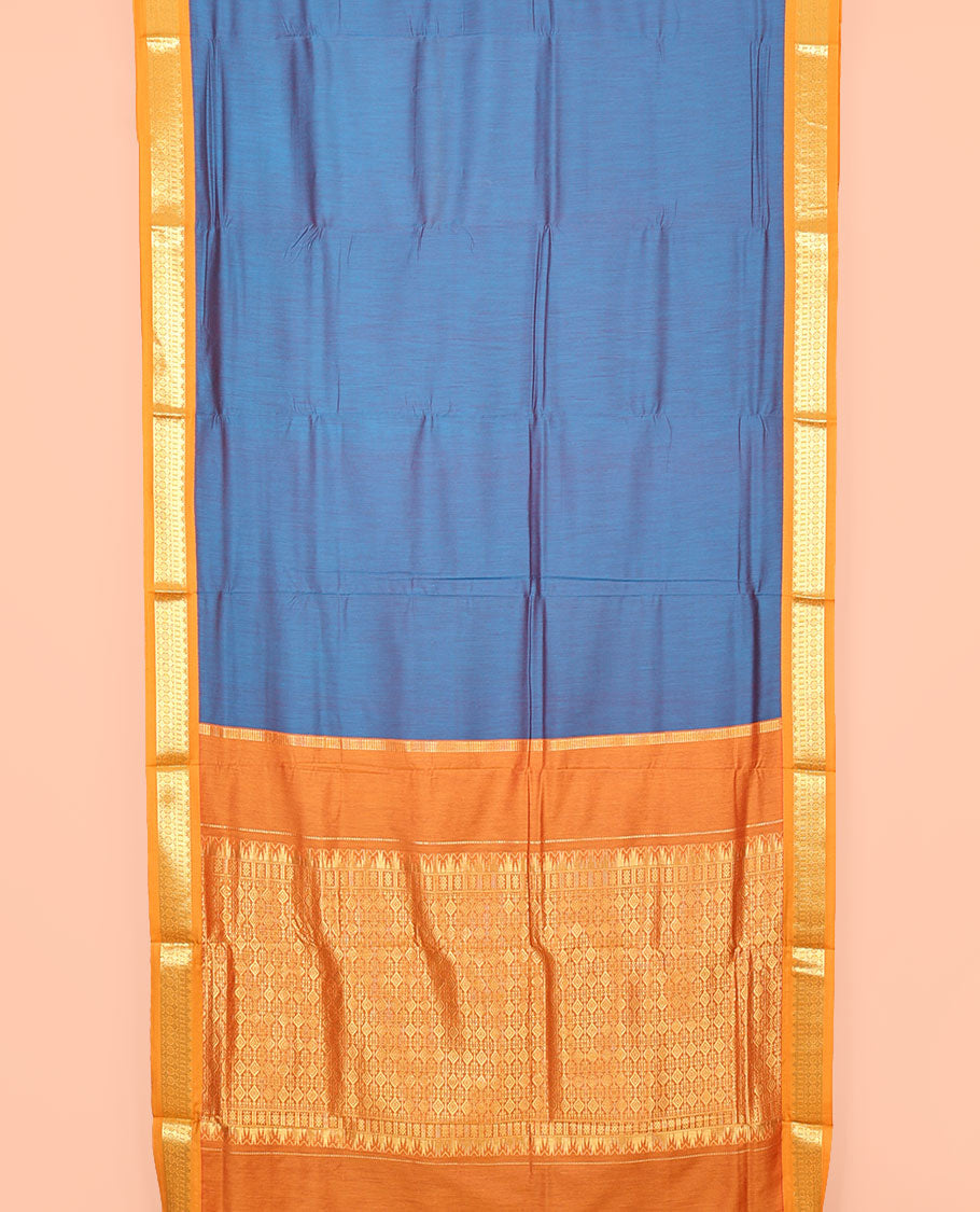 Blue Plain Nine-Yard Art Silk Saree, Complemented by a Contrast Traditional Zari Design Border, Gandly Zari Decked Up Pallu, and Comes Without a Blouse