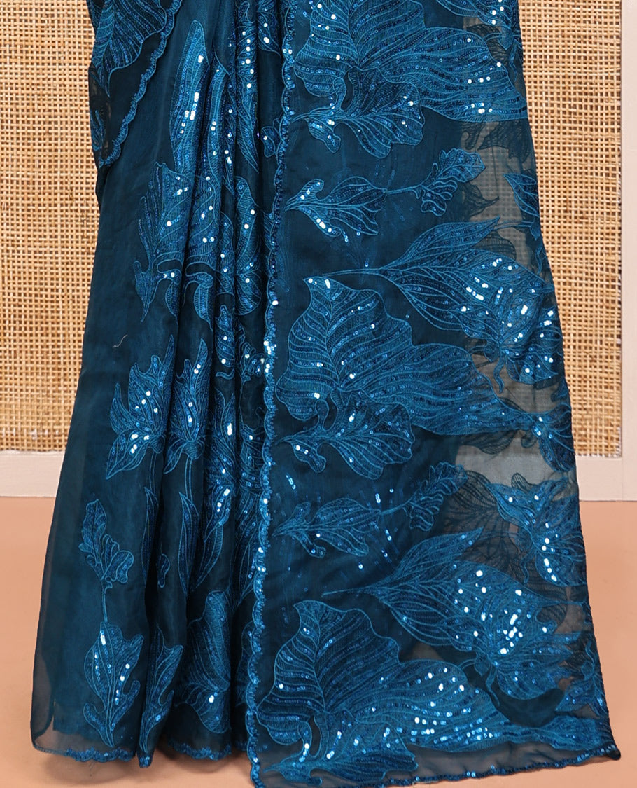 Blue Organza Saree, Beautifully Bedecked with Floral Sequins-Thread Embroidery, Scallop-Embroidered Border, and a Matching Blouse