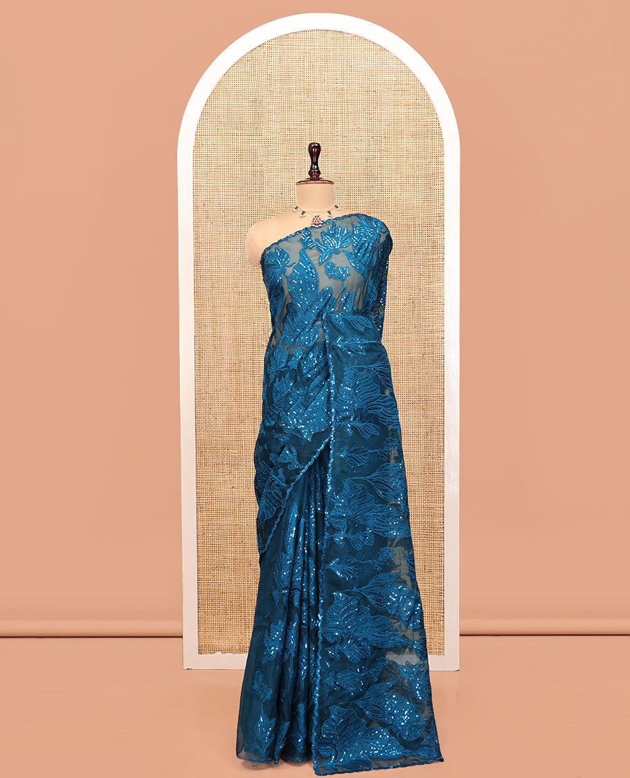 Blue Organza Saree, Beautifully Bedecked with Floral Sequins-Thread Embroidery, Scallop-Embroidered Border, and a Matching Blouse