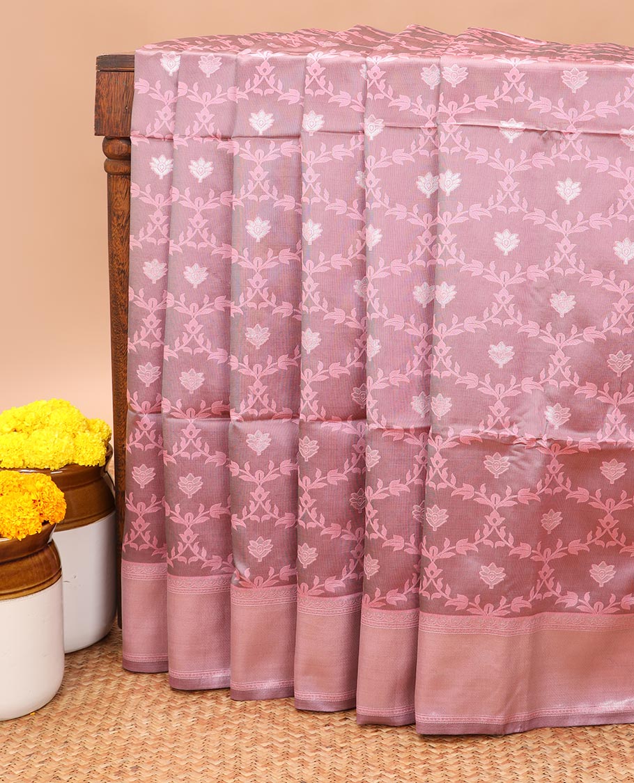 Onion pink jaal design litchi soft silk saree with silver weaving border & silver zari rich pallu along with butta design blouse