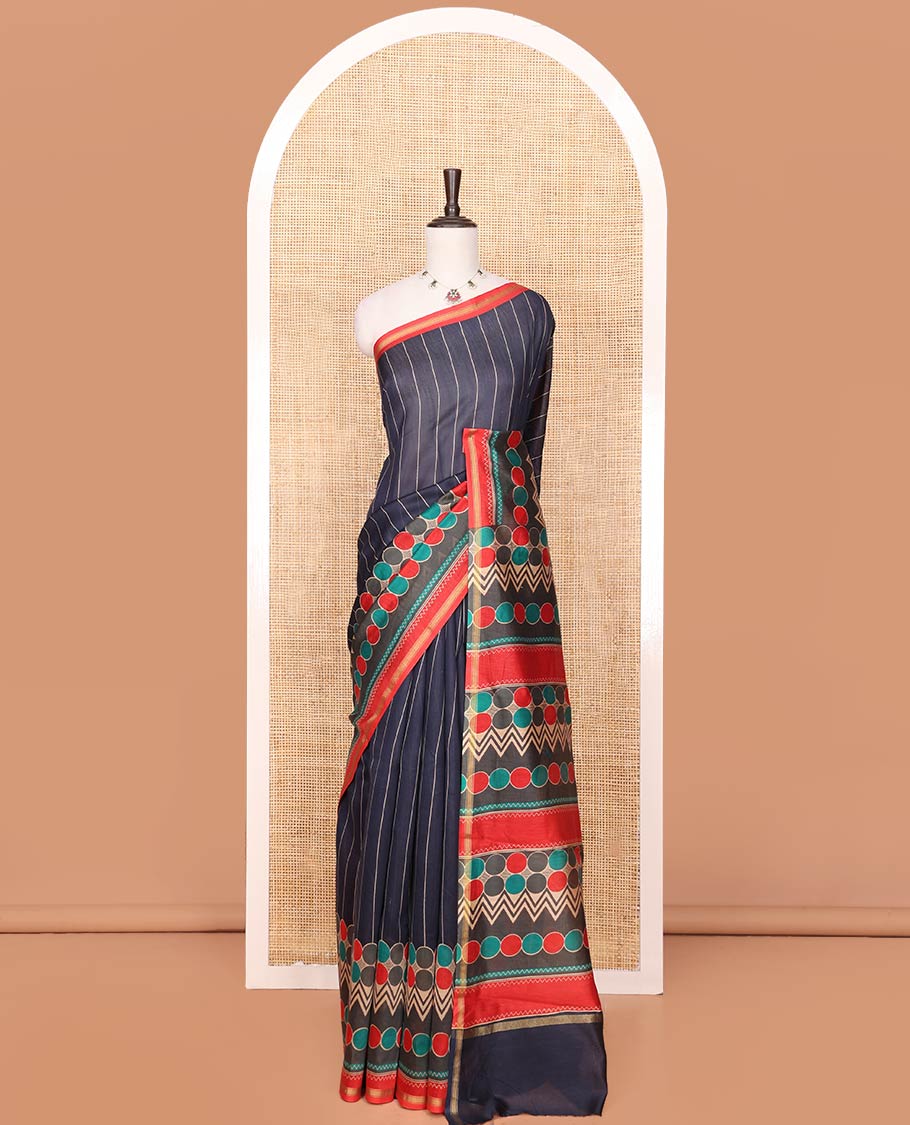 Blue Printed Silk Saree Subtly Imaged With Vertical Stripes On Its Body, Complemented By A Contrast Geometric Motif Printed Border, Pallu Steeped With Geometric Motif Print, And A Contrast Blouse