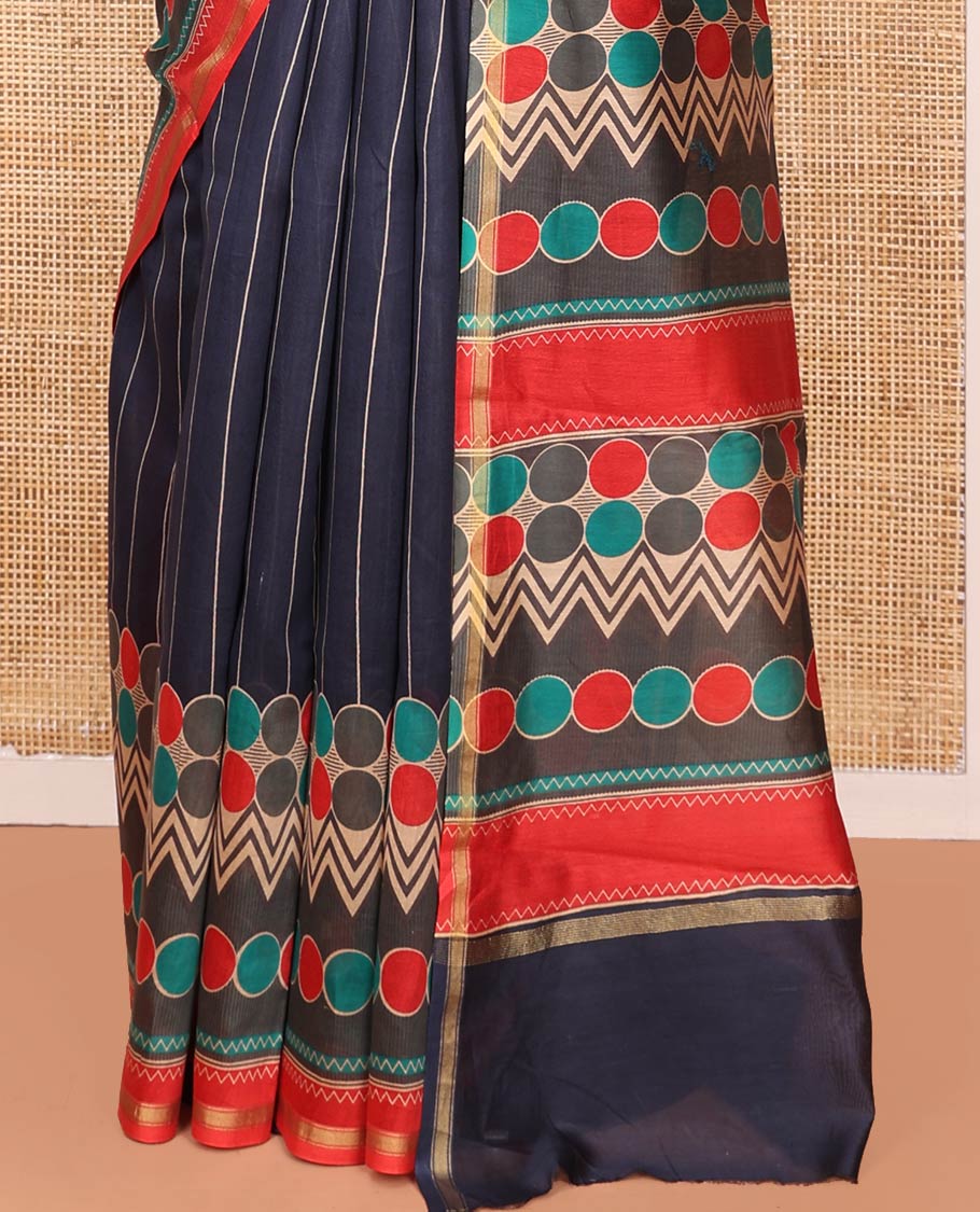 Blue Printed Silk Saree Subtly Imaged With Vertical Stripes On Its Body, Complemented By A Contrast Geometric Motif Printed Border, Pallu Steeped With Geometric Motif Print, And A Contrast Blouse