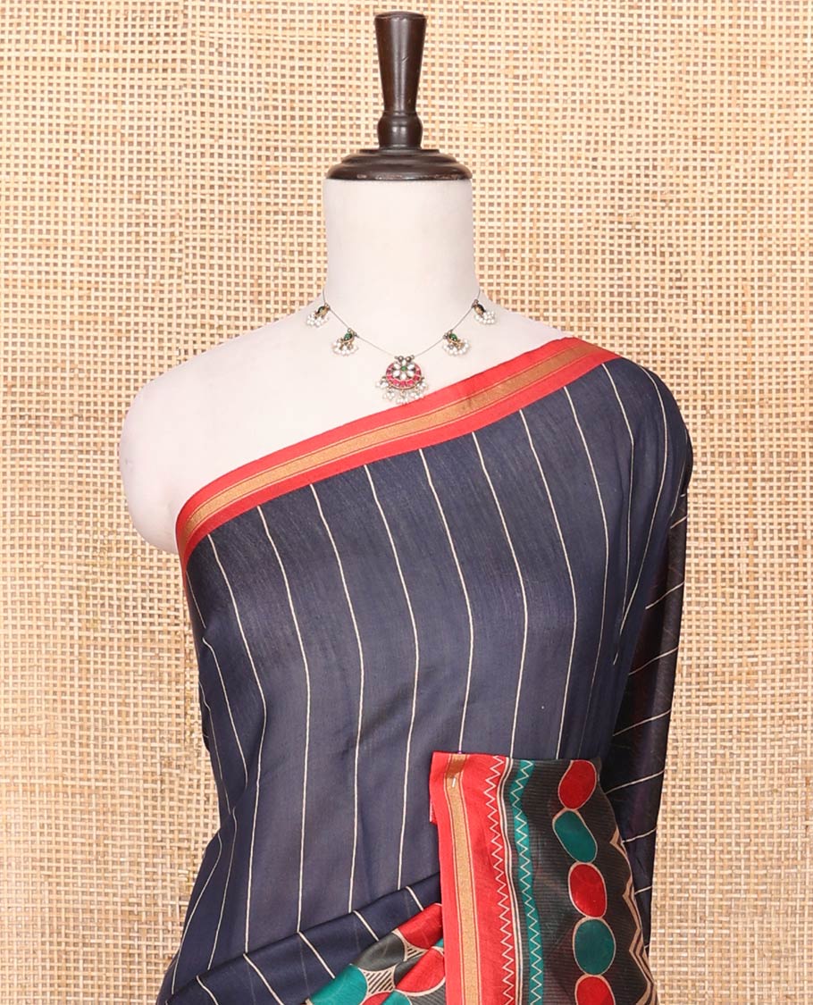 Blue Printed Silk Saree Subtly Imaged With Vertical Stripes On Its Body, Complemented By A Contrast Geometric Motif Printed Border, Pallu Steeped With Geometric Motif Print, And A Contrast Blouse