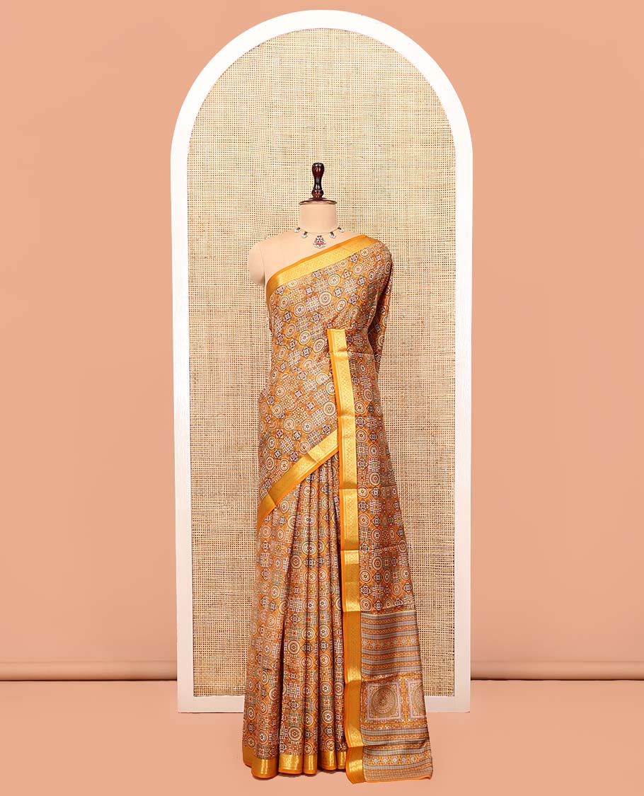 Yellow Printed Silk Saree, Decorated with Geometric Prints, Highlighted by a Traditional Zari Border, Printed Pallu, and a Matching Blouse