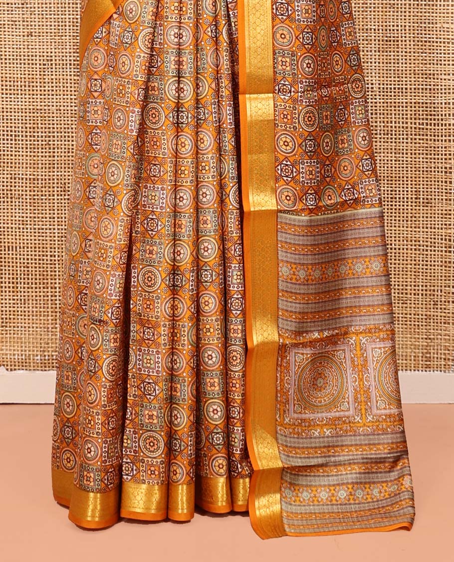 Yellow Printed Silk Saree, Decorated with Geometric Prints, Highlighted by a Traditional Zari Border, Printed Pallu, and a Matching Blouse