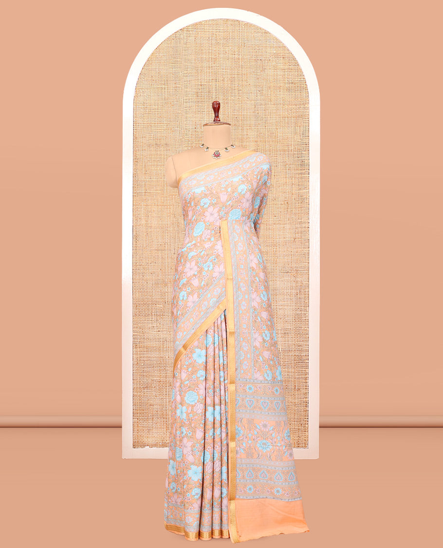 Pale Orange Printed Silk Saree, Embellished with Floral Print, a Zari Border, Floral Printed Pallu, and a Matching Blouse