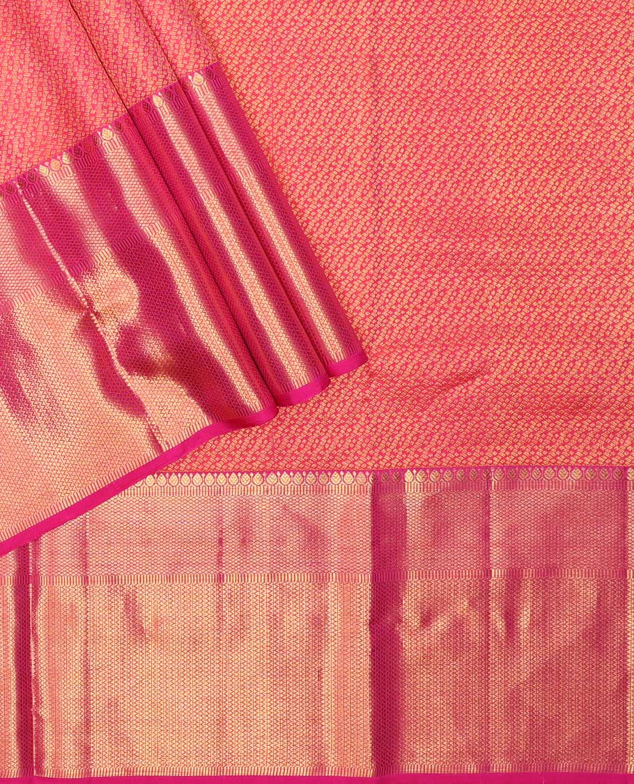 Red pure silk half-saree, jacquard skirt, contrast border of thilakam, mayil kann and vanki designs, and contrast zari design blouse, and jaal dhavani