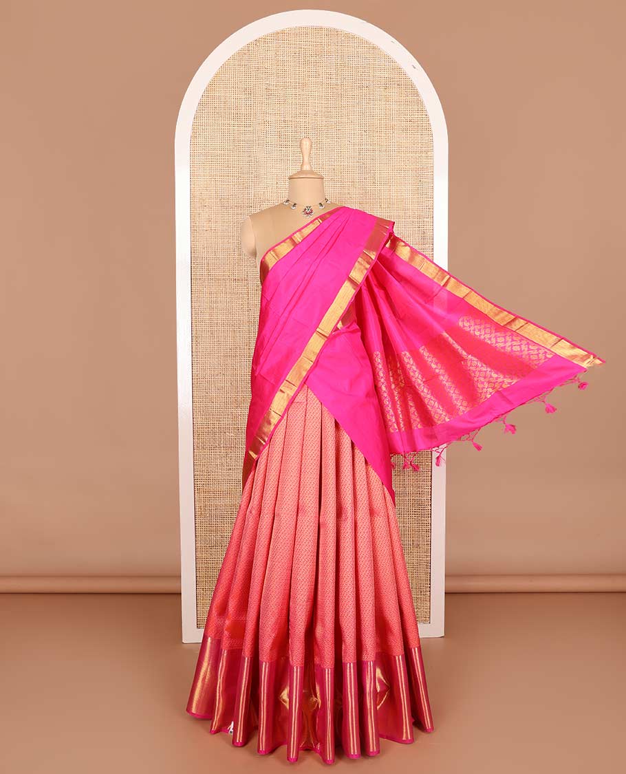 Red pure silk half-saree, jacquard skirt, contrast border of thilakam, mayil kann and vanki designs, and contrast zari design blouse, and jaal dhavani