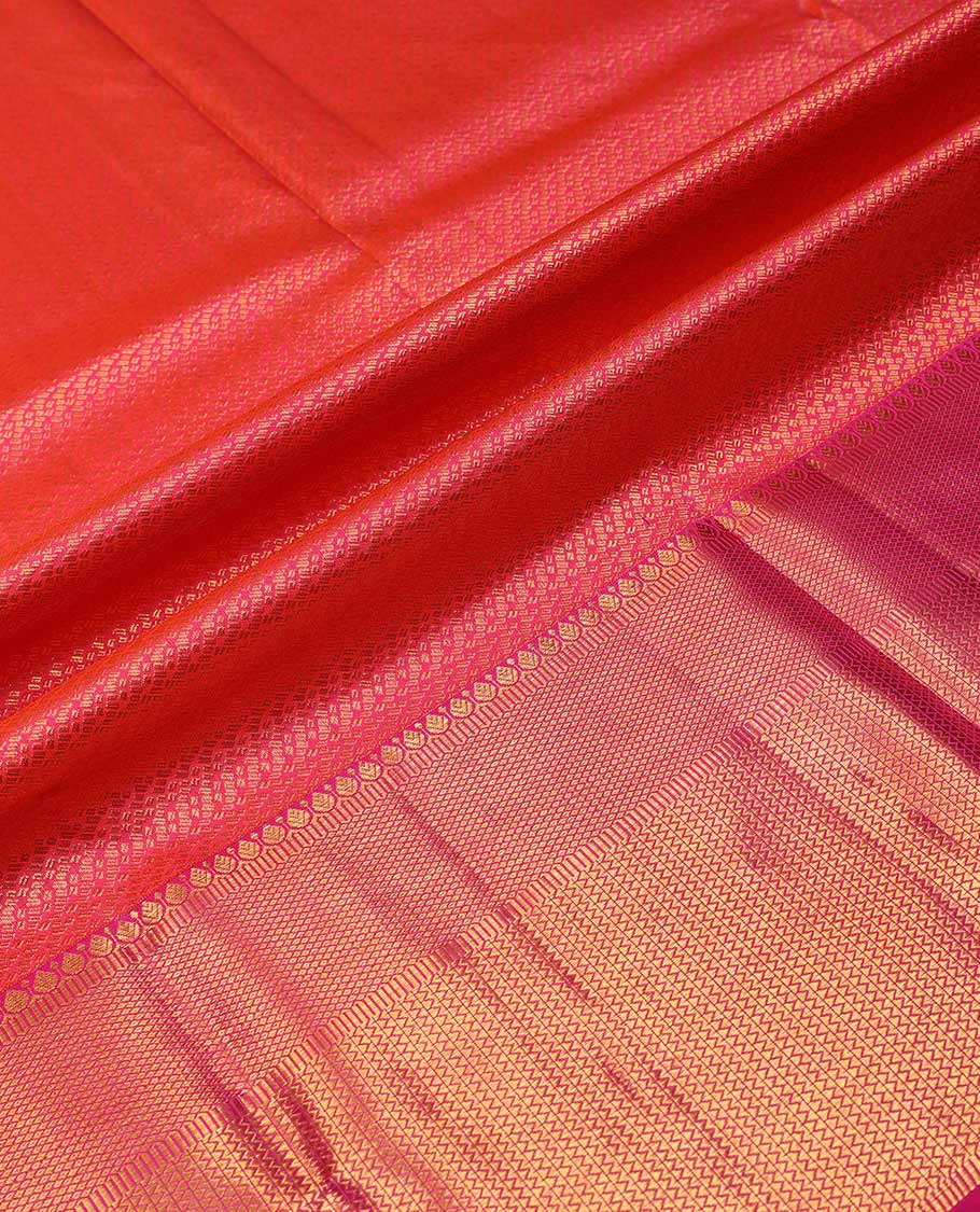 Red pure silk half-saree, jacquard skirt, contrast border of thilakam, mayil kann and vanki designs, and contrast zari design blouse, and jaal dhavani