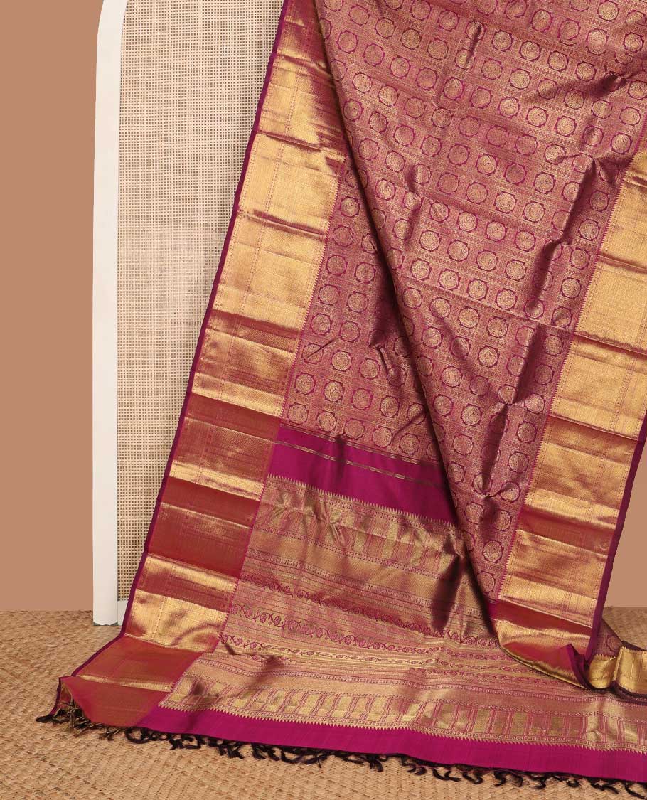 Dark pink floral design silk saree with self border of paun, vanki, banaras design & zari design pallu