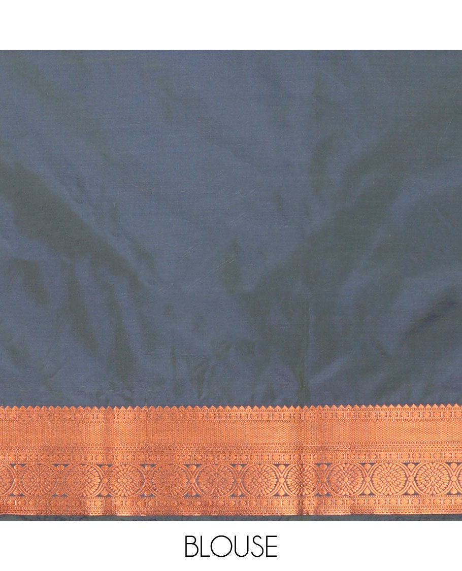 Green floral motifs soft silk saree with contrast floral design border & argyle design pallu