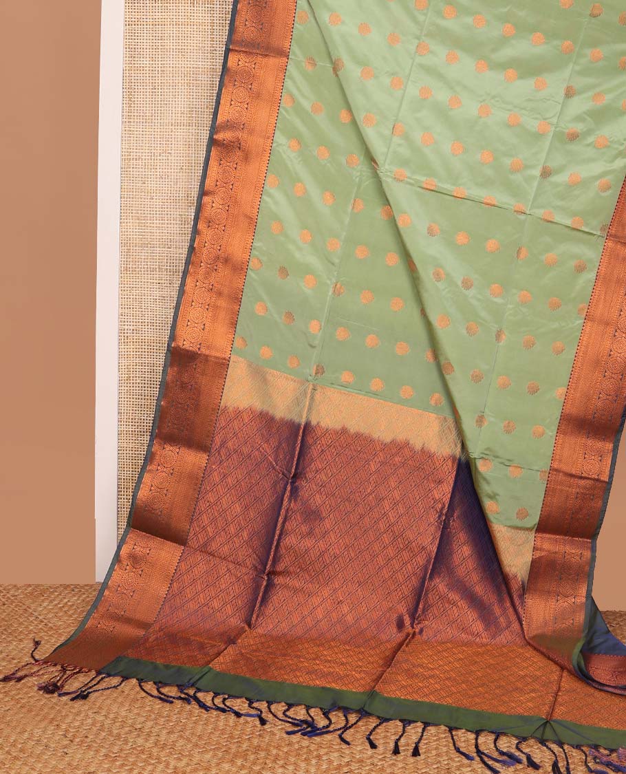 Green floral motifs soft silk saree with contrast floral design border & argyle design pallu