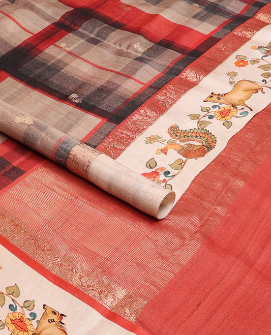 Multi-color checked & buttas tussar saree, contrast border of traditional zari design & multi-color pichwai floral & cow print & zari striped pallu