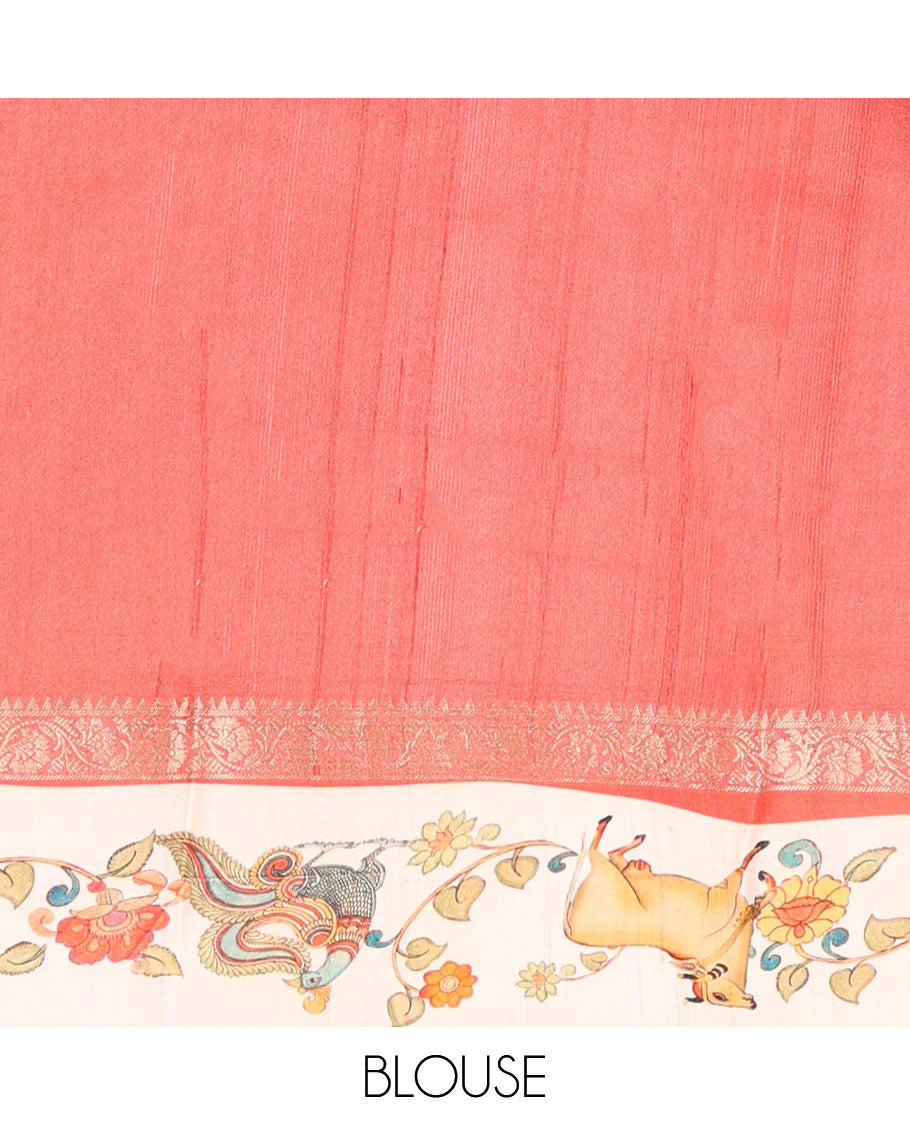 Multi-color checked & buttas tussar saree, contrast border of traditional zari design & multi-color pichwai floral & cow print & zari striped pallu