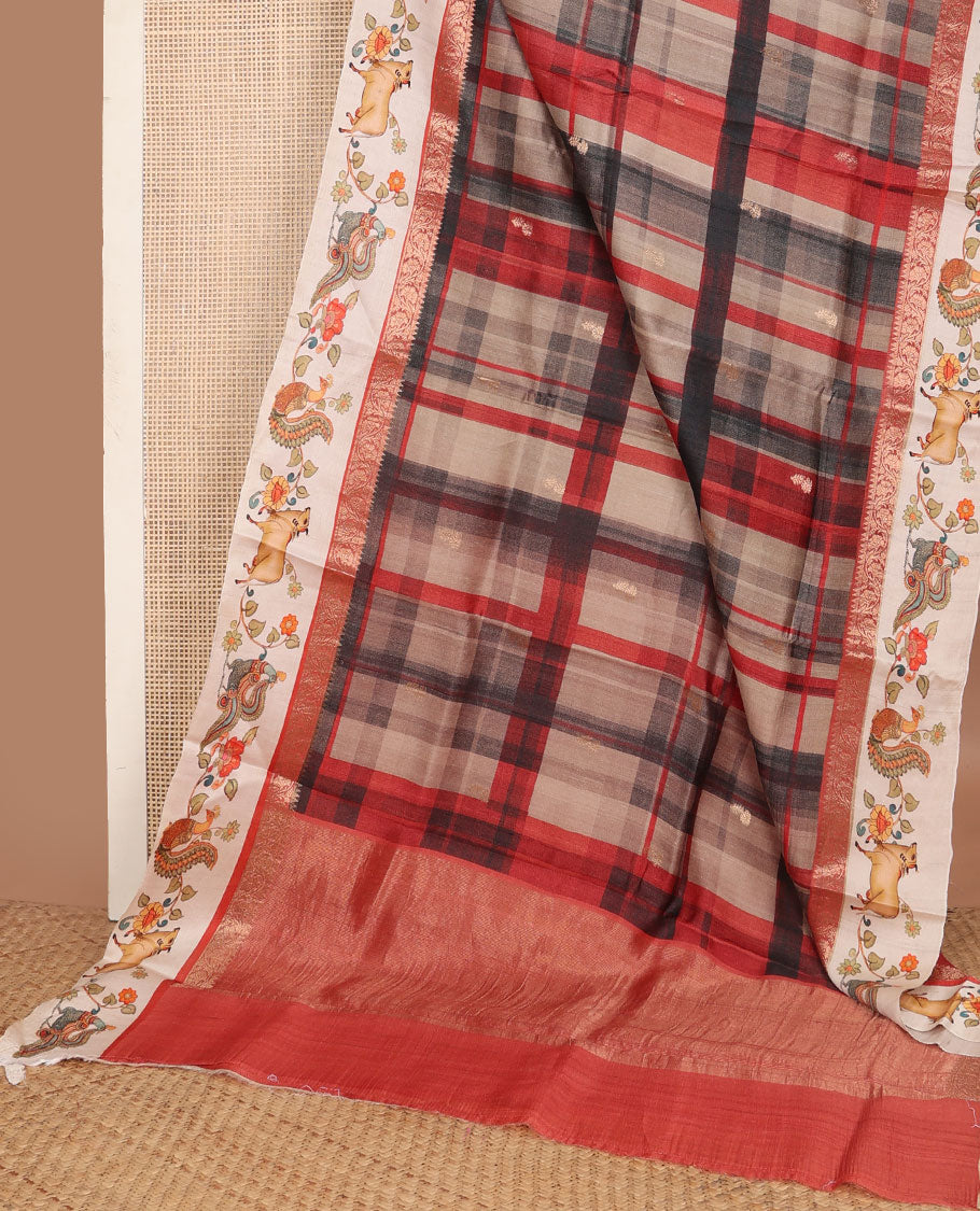 Multi-color checked & buttas tussar saree, contrast border of traditional zari design & multi-color pichwai floral & cow print & zari striped pallu