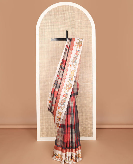 Multi-color checked & buttas tussar saree, contrast border of traditional zari design & multi-color pichwai floral & cow print & zari striped pallu