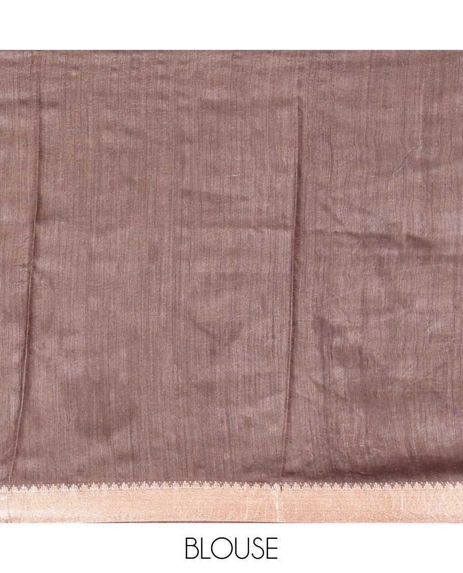 Brown Tussar Saree Accentuated with Floral Print, Temple Zari Border, Zari Striped Pallu, and a Matching Blouse of Zari Border