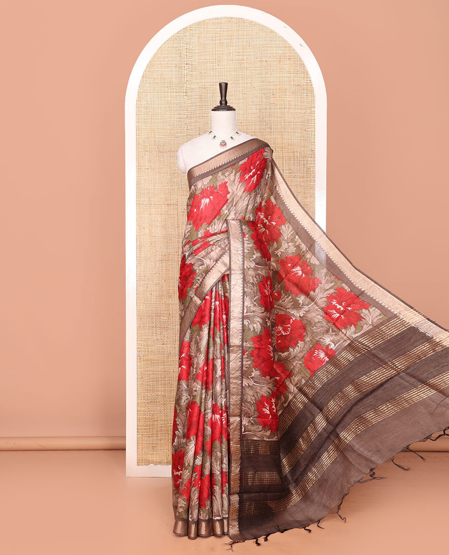 Brown Tussar Saree Accentuated with Floral Print, Temple Zari Border, Zari Striped Pallu, and a Matching Blouse of Zari Border