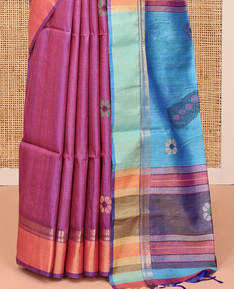 Purple Tussar Silk Saree, Bedecked with Flower Motifs, Contrast Zari Border, Thread Woven Pallu, and Contrast Blouse