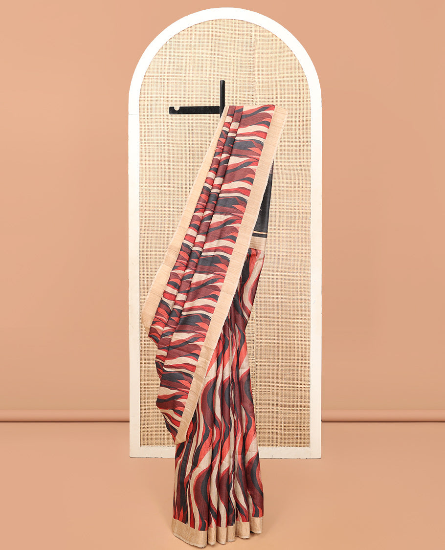 Multi-Color Tussar Silk Saree, Adorned with an Abstract Print, a Subtle Contrast Border, a Dual-Color Pallu, and a Contrast Blouse