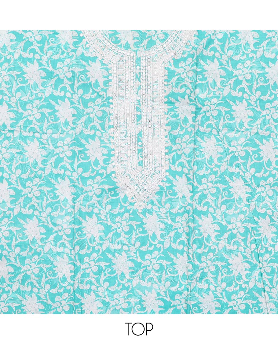 Turquoise cotton material churidar set, floral printed with neck embroidered top, tiger skin style printed bottom, and dupatta of floral and animal print