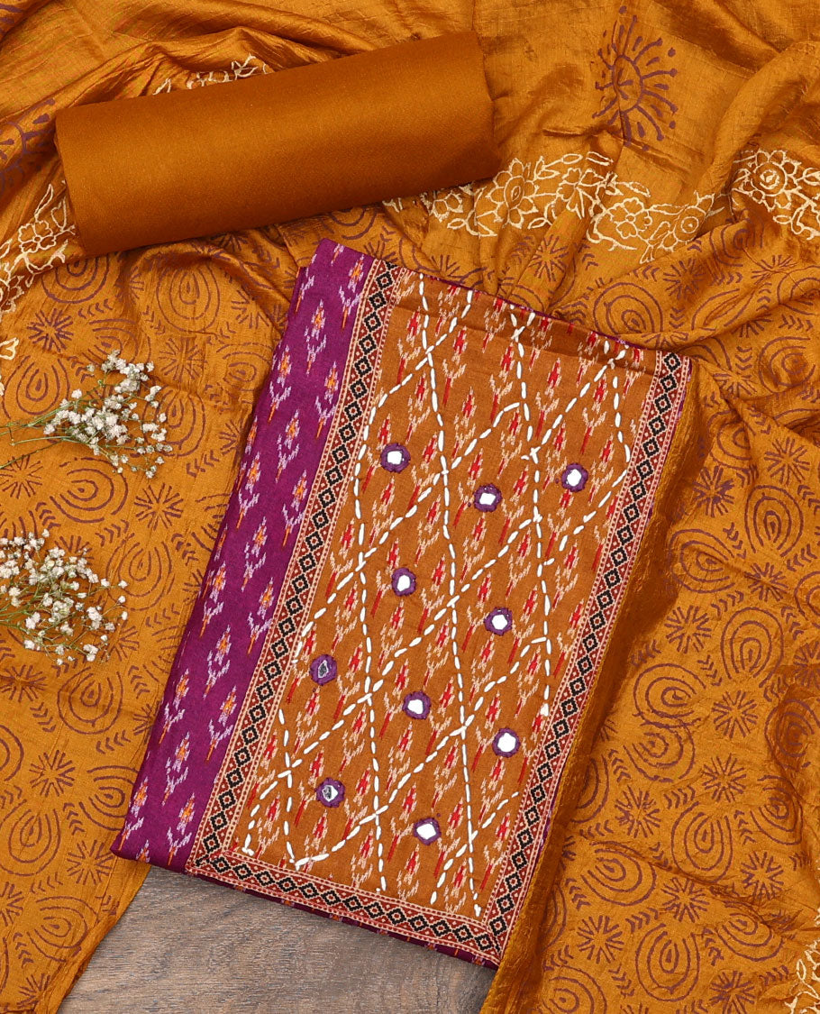 Purple material chudidar set, ikkat buttas with neck patch embroidered top, contrast plain bottom, and block printed dupatta