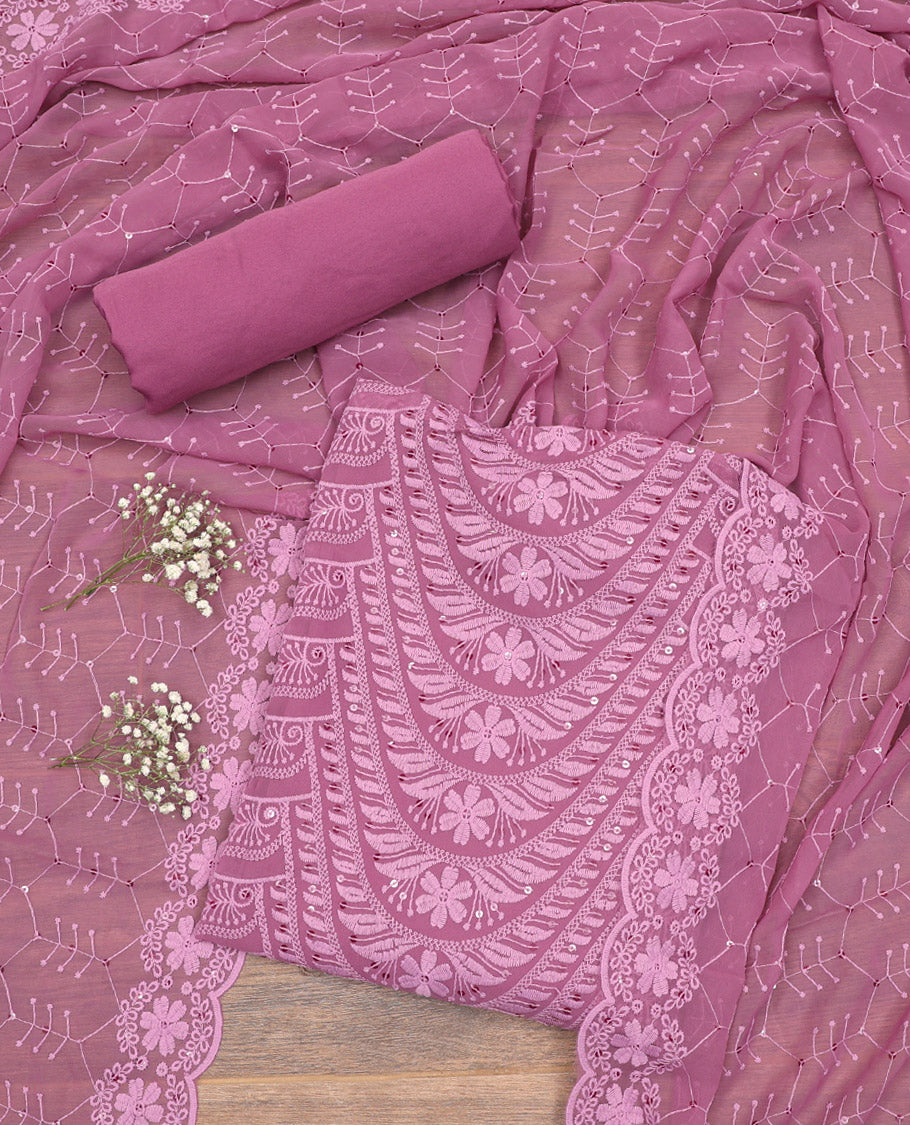 Light Purple Material Chudidar Set, Delicately Woven with Chikankari-Style Thread and Sequins Embroidery on Georgette Top, a Plain Santoon Bottom, and Paired with a Geometric Embroidery Georgette Dupatta