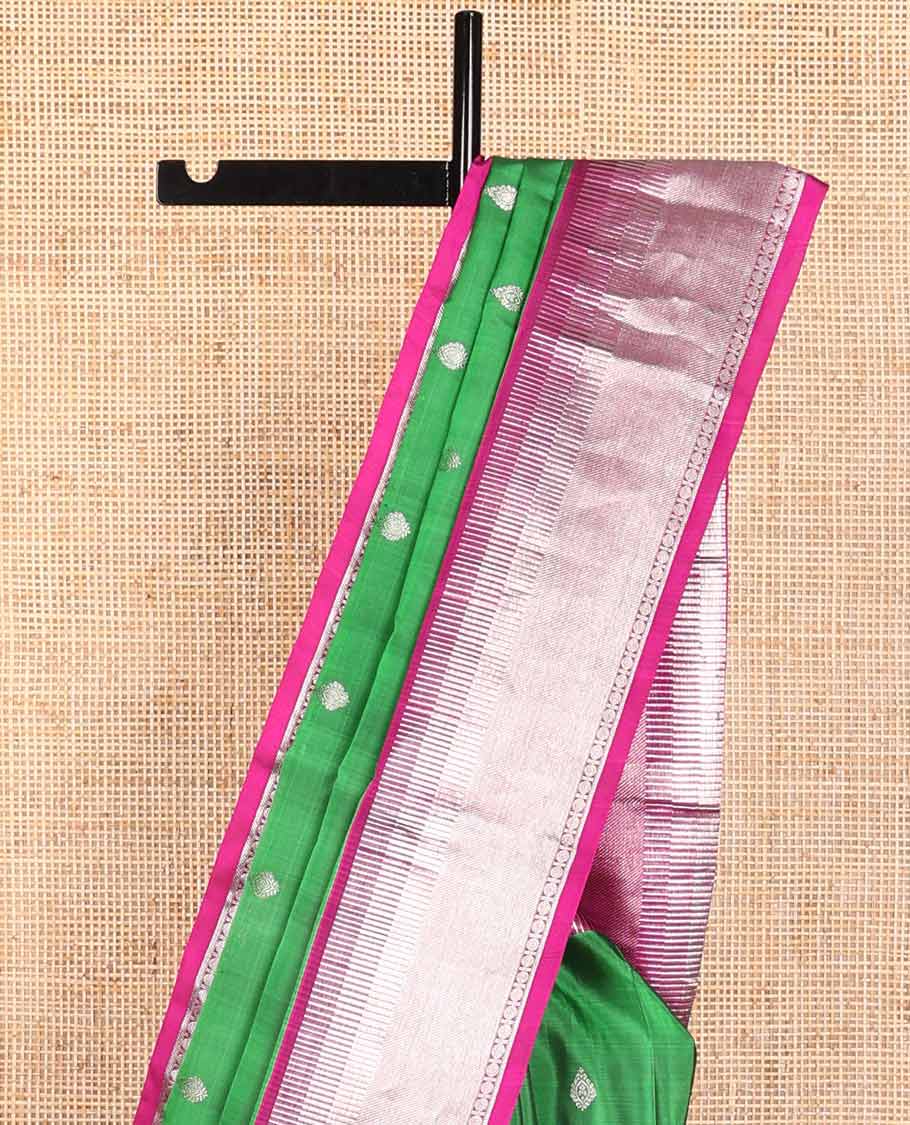 Green motifs venkatagiri silk saree with contrast temple border & floral jaal design pallu