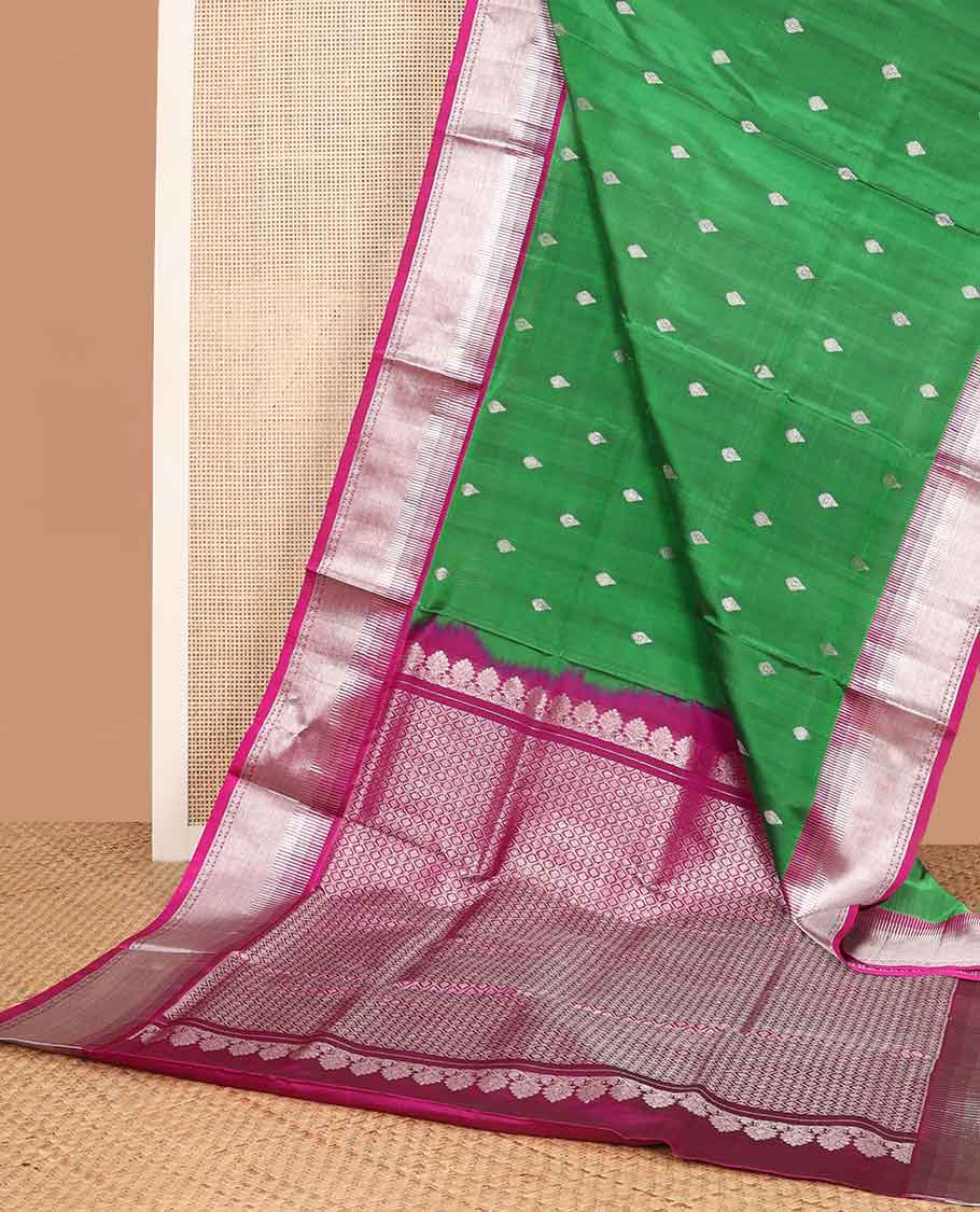 Green motifs venkatagiri silk saree with contrast temple border & floral jaal design pallu