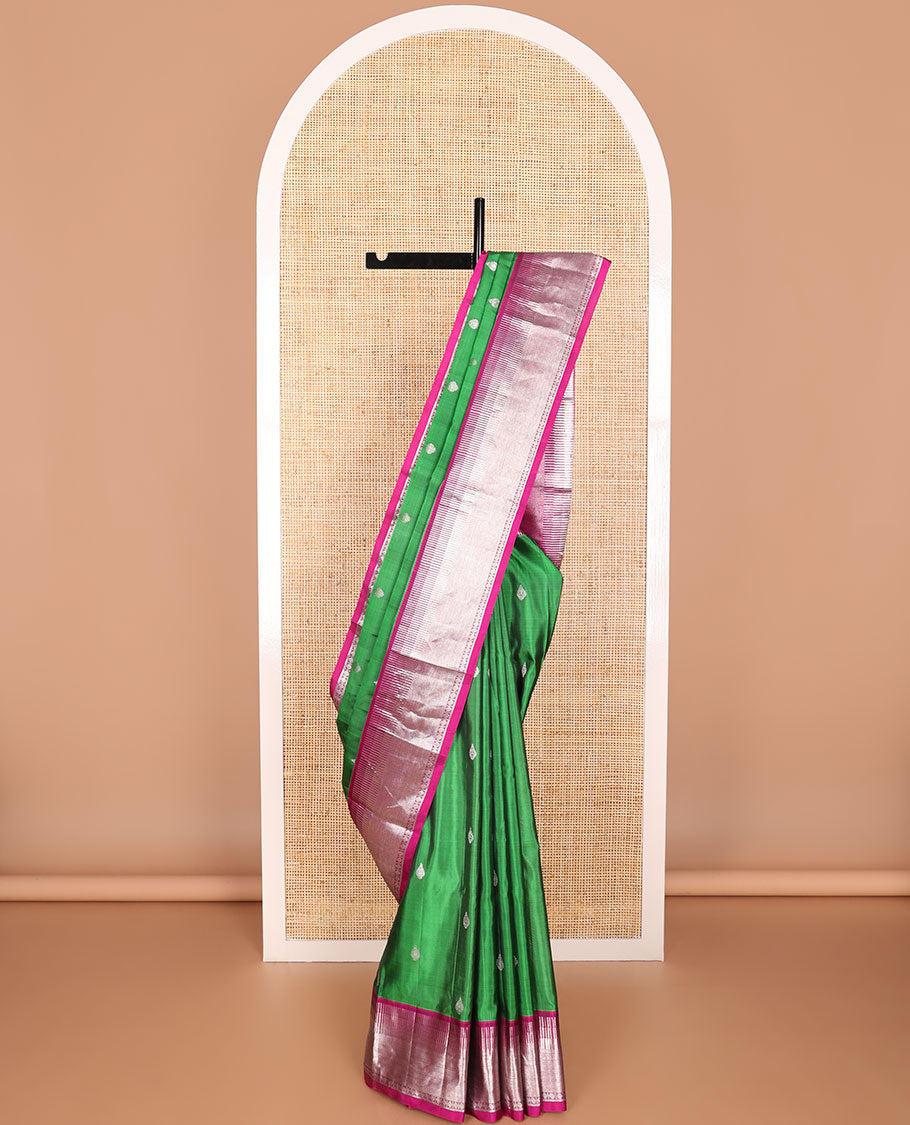 Green motifs venkatagiri silk saree with contrast temple border & floral jaal design pallu