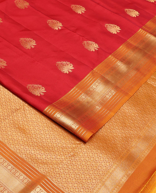 Red zari buttas vasundhara silk mix saree, contrast border of muthu,kathir,rudraksham & zari stripes & jaal design pallu