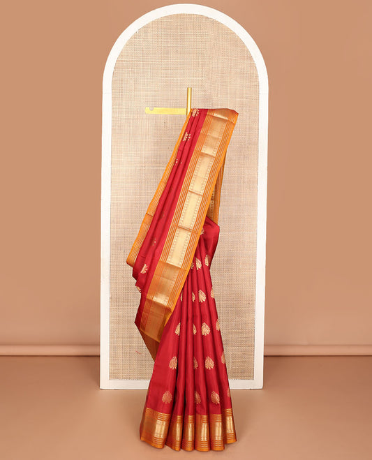 Red zari buttas vasundhara silk mix saree, contrast border of muthu,kathir,rudraksham & zari stripes & jaal design pallu