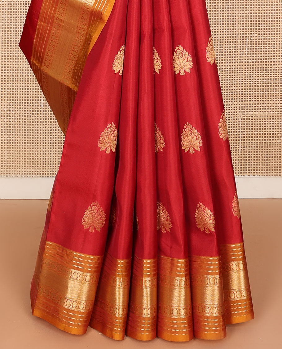 Red zari buttas vasundhara silk mix saree, contrast border of muthu,kathir,rudraksham & zari stripes & jaal design pallu