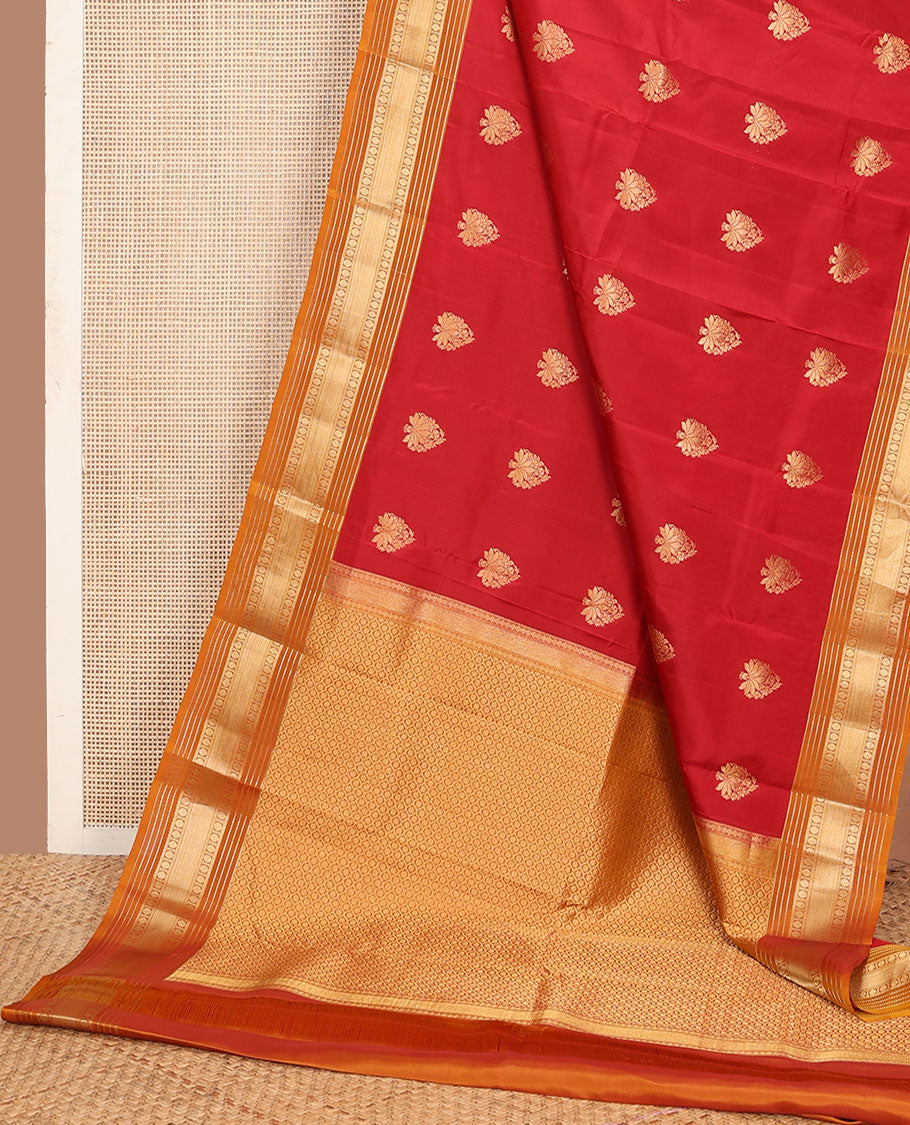 Red zari buttas vasundhara silk mix saree, contrast border of muthu,kathir,rudraksham & zari stripes & jaal design pallu