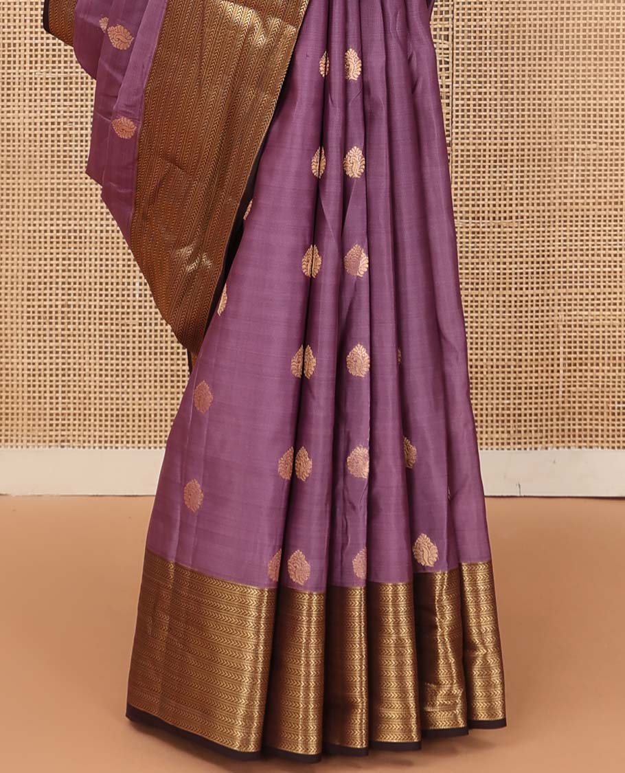 Purple zari buttas Vasundhara silk mix saree, contrast border of muthu and kathir designs, and geometric patterned pallu