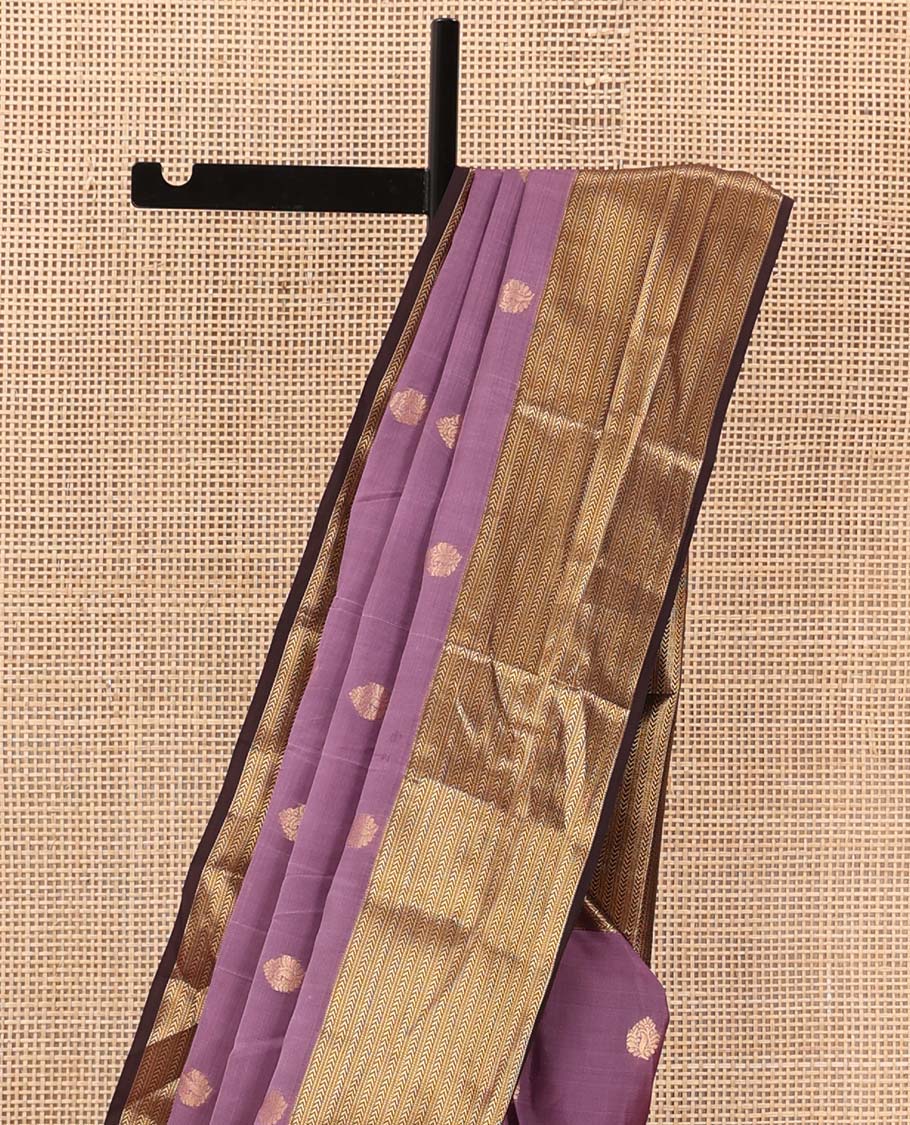 Purple zari buttas Vasundhara silk mix saree, contrast border of muthu and kathir designs, and geometric patterned pallu