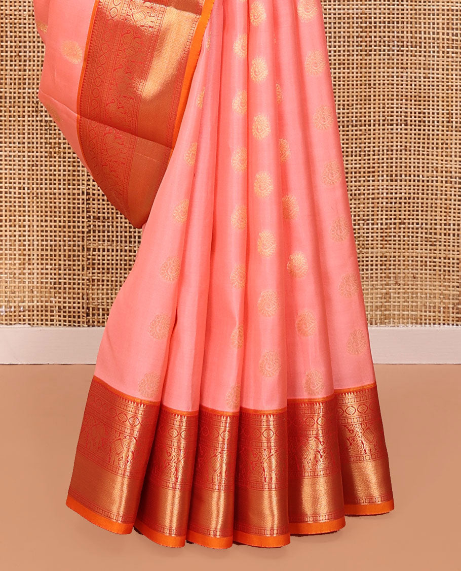 Pink Vasundhara Lite Silk Mix Saree, Spotlighted with Zari Buttas All Over Its Body, Complemented by a Contrast Border of Rekku, Rudraksham, Laddu Kamalam, Yaanai, and Mayil Kann Designs, Grand Jaal-Design Pallu, and Paired with a Contrast Blouse