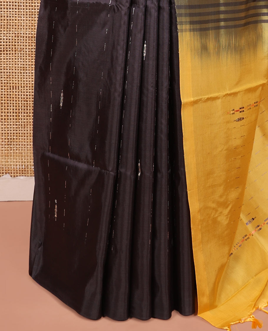 Borderless Black Banana Pith Saree Enriched with Zari Buttas, Complemented by a Contrasting Pallu of Buttas and Stripes, and Paired with a Contrast Plain Blouse