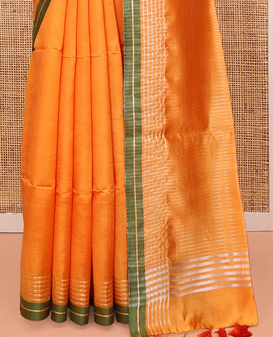 Yellow Plain Banana Pith Saree, Subtle Striped Contrast Border, Pallu of Gleaming Zari Stripes, and Paired with a Matching Blouse