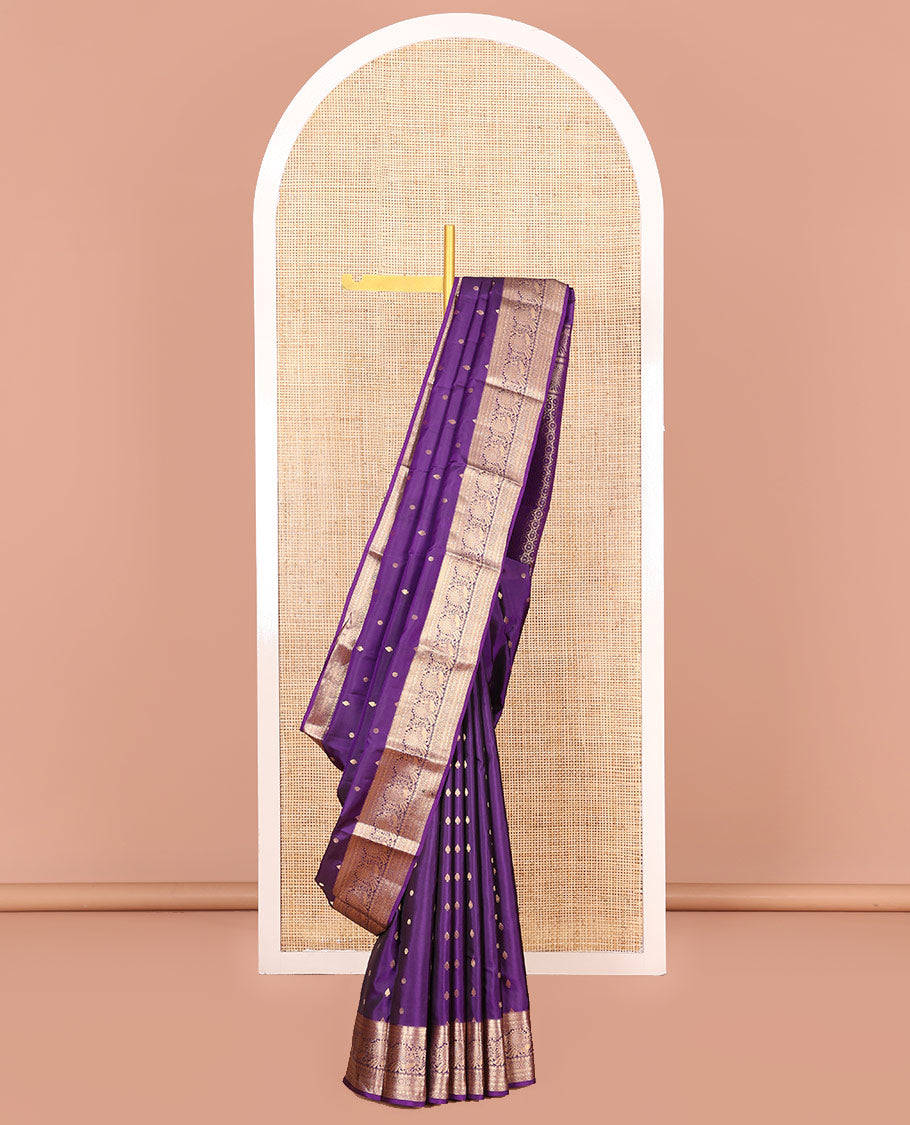 Violet Vasundhara Silk Saree Graced with Zari Buttas All Over Its Body, Highlighted by a Zari Border of Kathir, Mayil, Kann, Thilakam, Mayil, and Kamalam Designs, Grand Pallu of Geometric Patterns, and Paired with a Matching Blouse