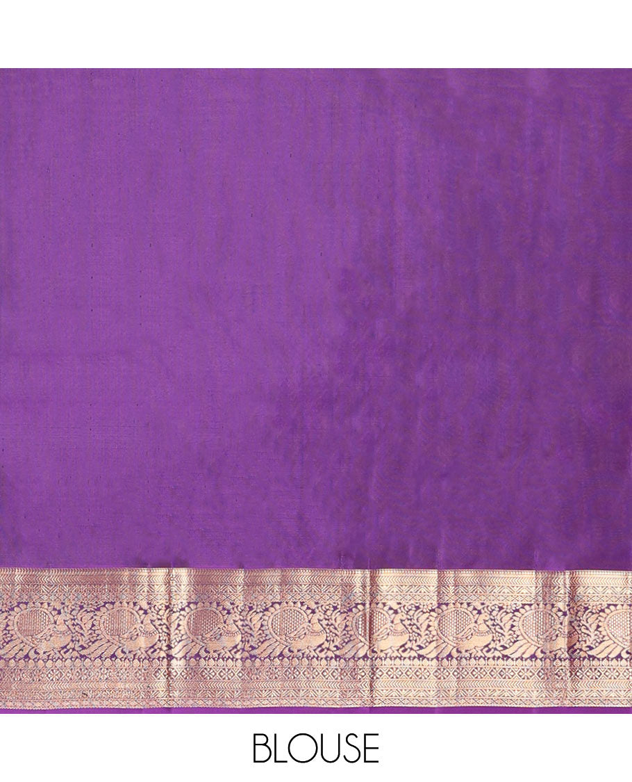 Violet Vasundhara Silk Saree Graced with Zari Buttas All Over Its Body, Highlighted by a Zari Border of Kathir, Mayil, Kann, Thilakam, Mayil, and Kamalam Designs, Grand Pallu of Geometric Patterns, and Paired with a Matching Blouse
