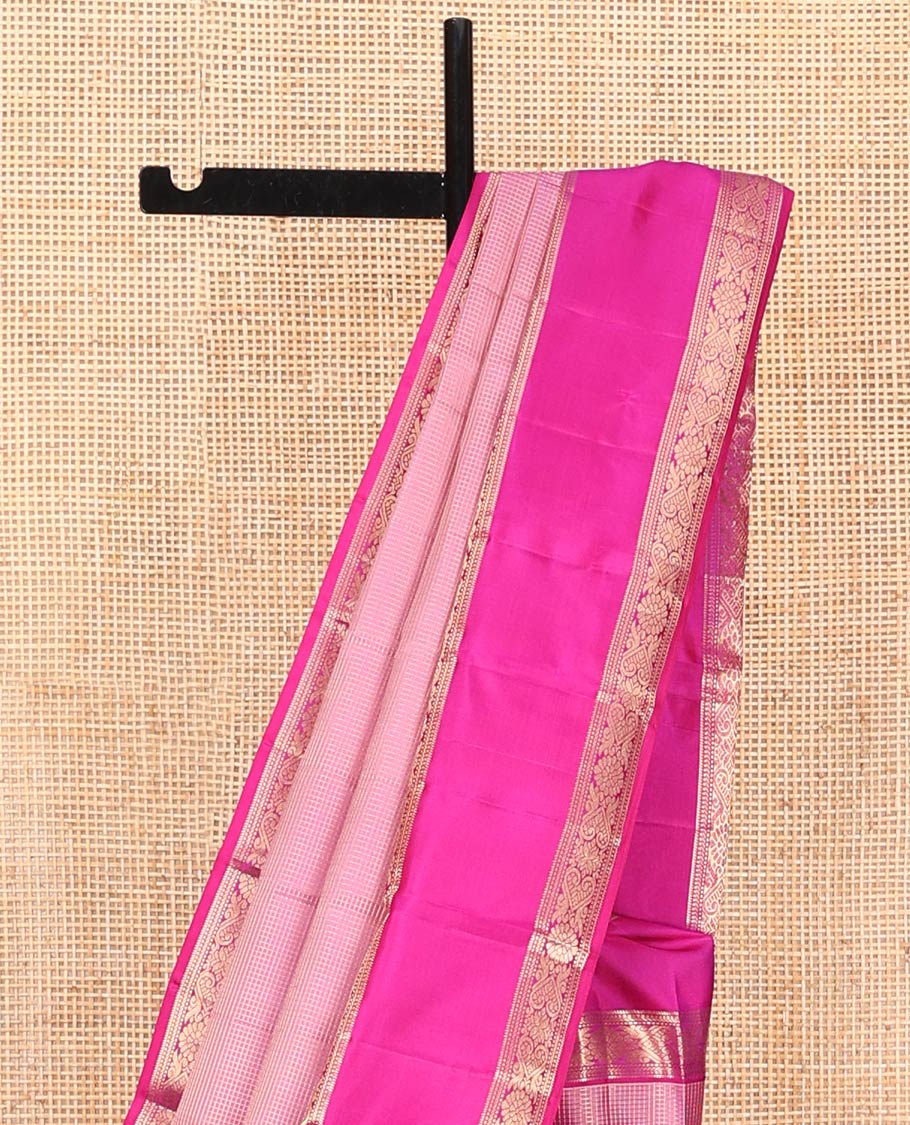 Pink Vasundhara Silk Saree, Subtly Sparkled with Micro-Checks on Its Body, Complemented by Contrast Rettai Pettu Border of Banaras, Muthu, and Jada Nagam Designs, Geometric-Patterned Pallu, and Paired with a Contrast Blouse