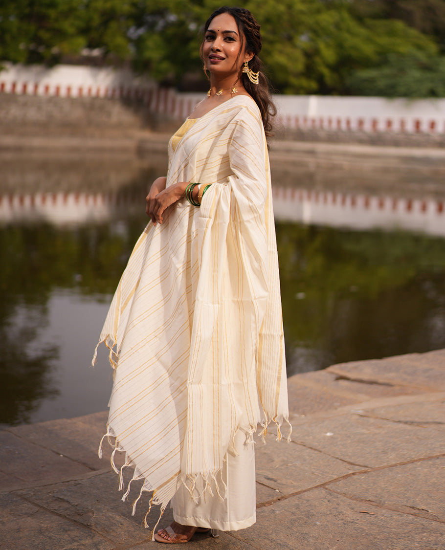 Cream Kerala Cotton Material Chudidar Features Zari Design Top, Matching Bottom, Striped Dupatta