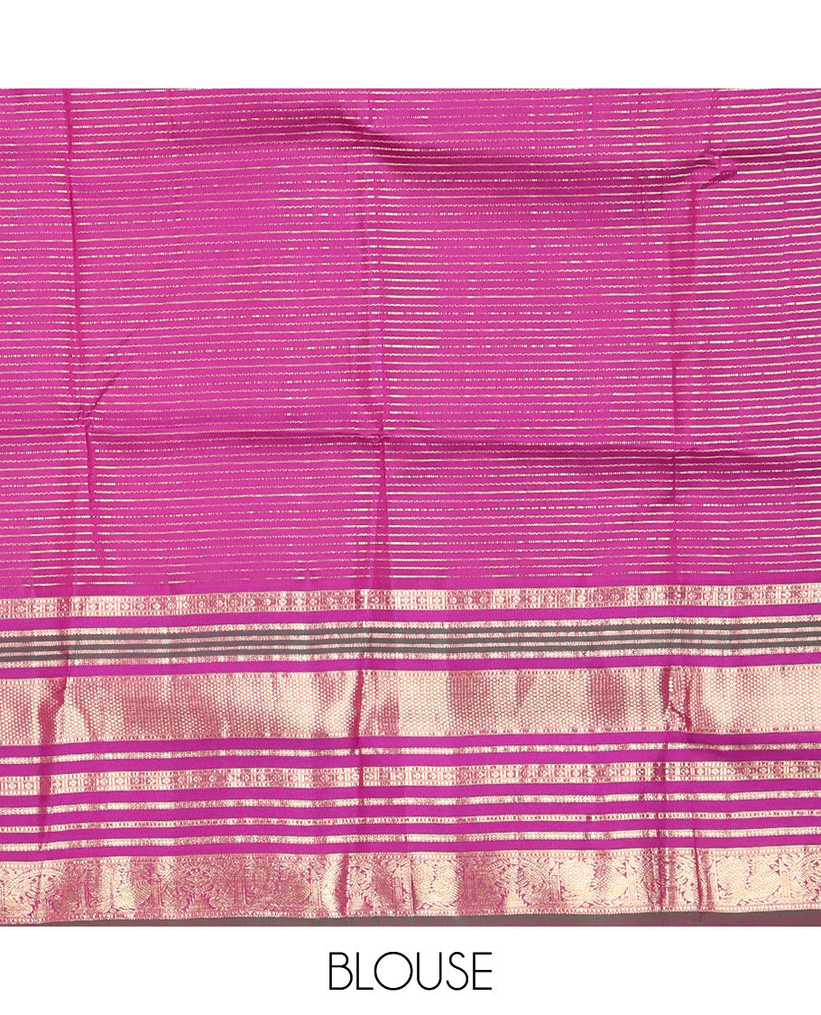 Green and Magenta Vasundhara Silk Saree, Enriched with Veldhari and Muthu Stripes On Its Body, Complemented by Contrast Border of Muthu, Lavangam, Neli, Mayil Kann, And Mayil Designs, Grand Pallu, and Paired with a Contrast Blouse