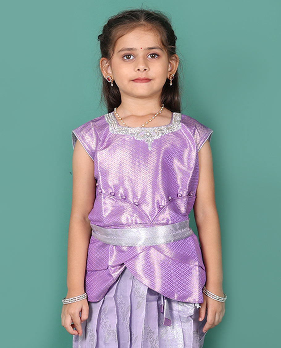Lavender readymade art silk pavadai set, jacquard with traditional zari border skirt, and jacquard embroidered half saree blouse with belt
