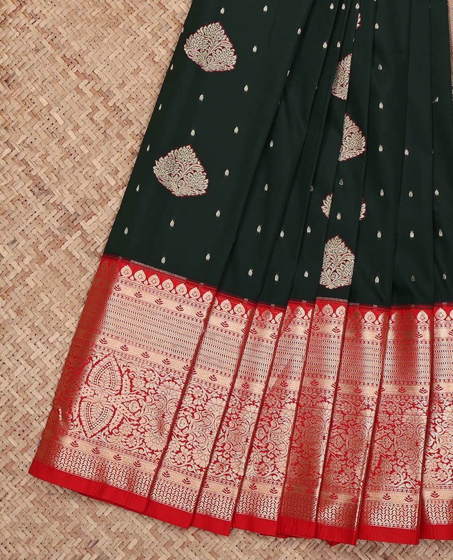 Deep Green Budget Silk Saree, Beautified with Zari Buttas on Its Body, Complemented by a Contrast Traditional Zari Design Border, Grand Jaal Pallu, and Paired with a Contrast Blouse