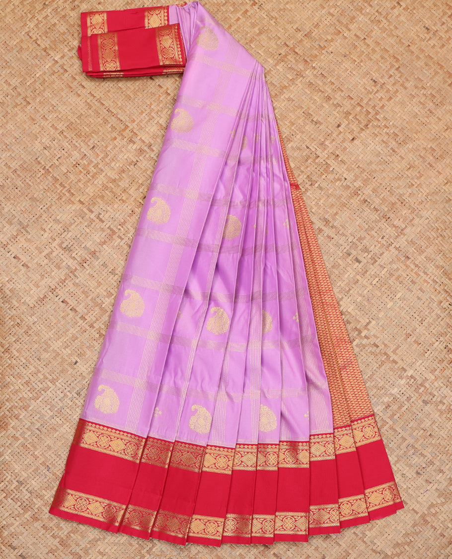 Lavender Budget Silk Saree, Crafted with Zari Buttas and Checks, Complemented by a Contrast Traditional Rettai Pettu Zari Border, Grand Pallu, and Contrast Blouse
